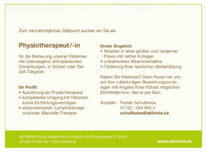 AKTIVIDA Leonberg Stellenangebot Physiotherapeut-in 02-2020