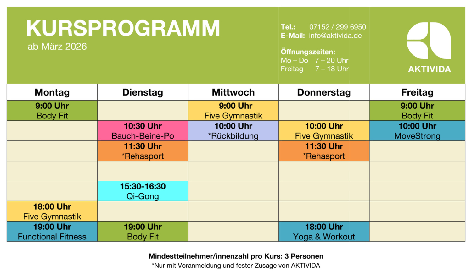 Kursprogramm AKTIVIDA Römergalerie Leonberg 03-2026