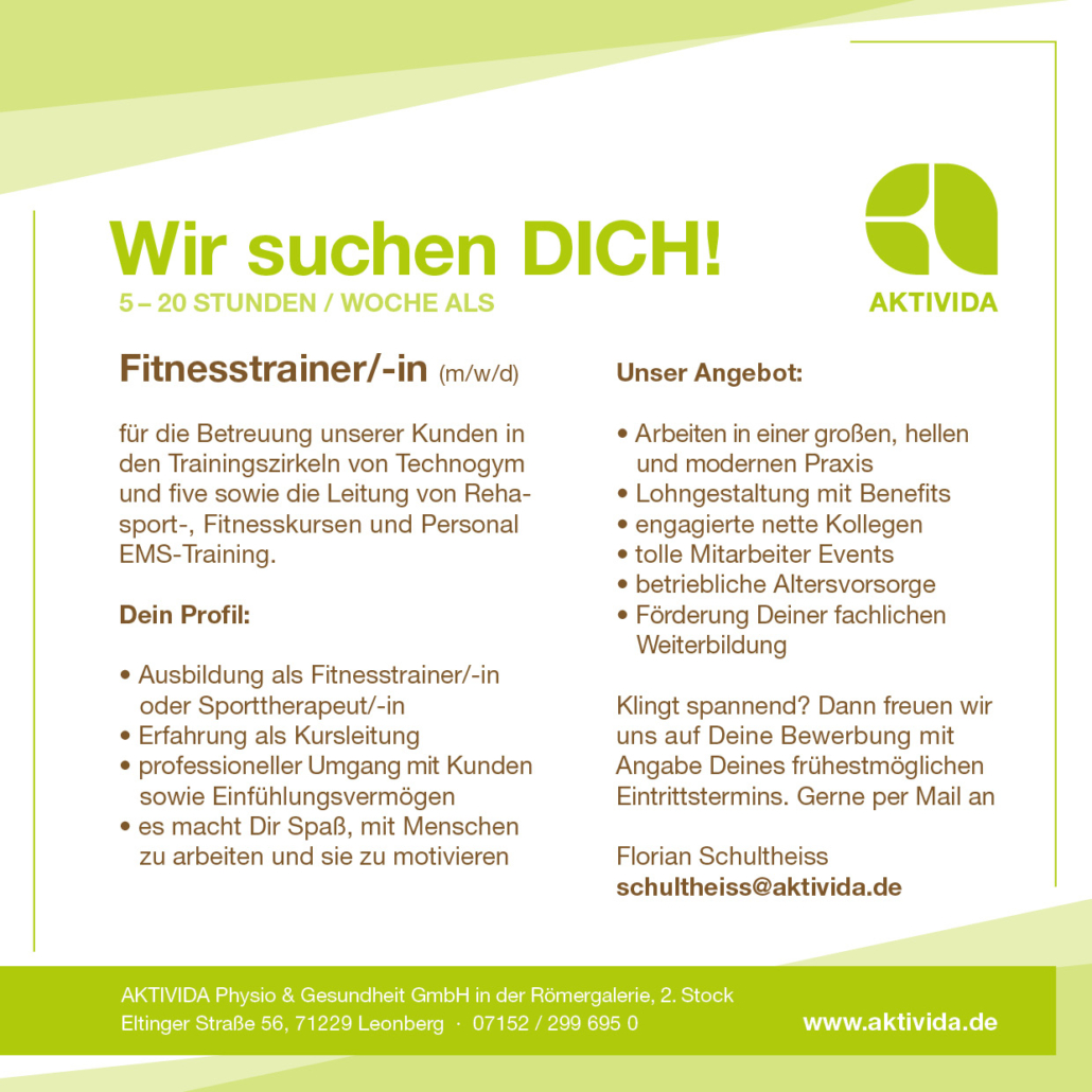 Stellenangebot Trainer-in 09-2026 AKTIVIDA, Römergalerie Leonberg